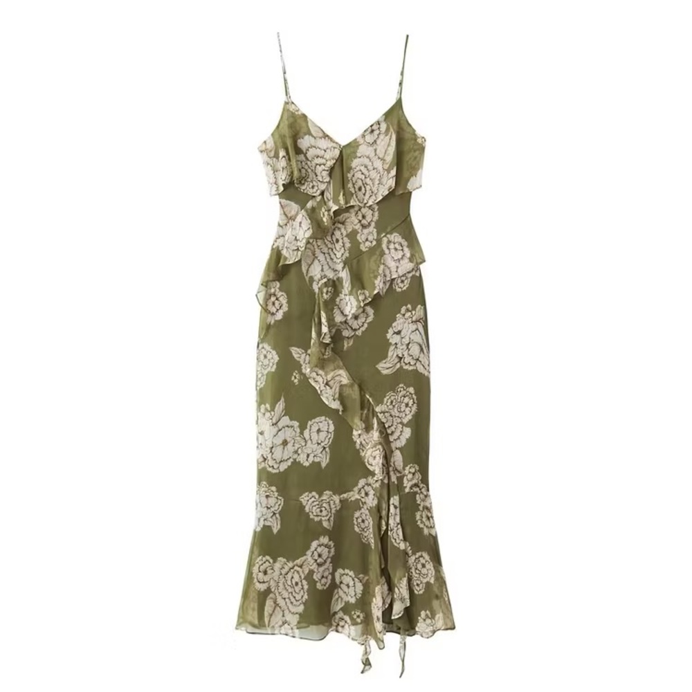 Zara Olive Green Floral Asymmetrical Slip Dress